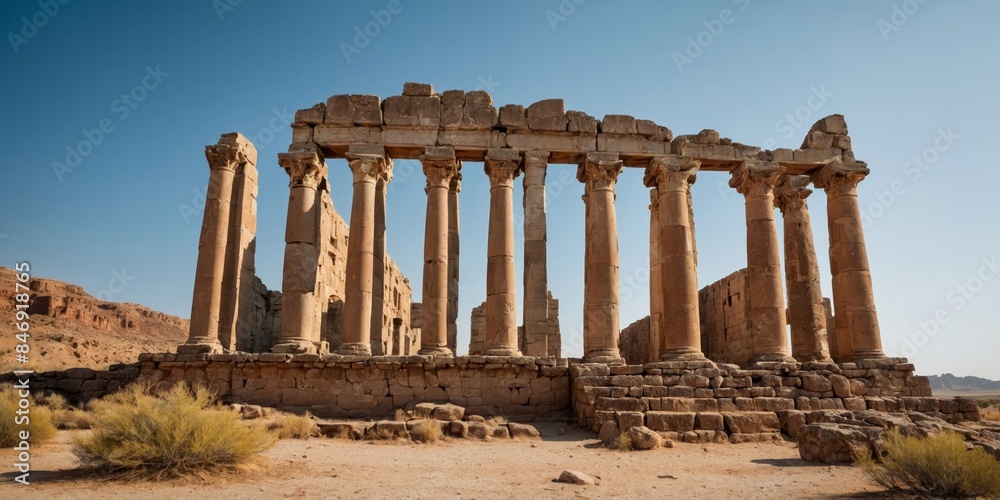 Obraz premium Ruins of a historical structure with towering columns against a blue sky, symbolizing history, culture, and architectural prowess
