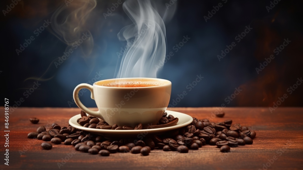 Close-up Espresso Coffee Cup With Beans On Vintage Table, Steam rising from the cup Close-up Espresso Coffee Cup With Beans On Vintage Table, Steam rising from the cup