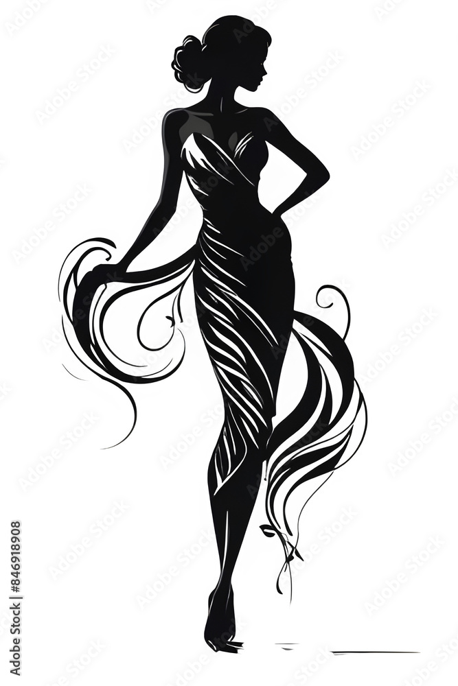 Fototapeta premium A girl in a very beautiful ornate dress, black silhouette of a beautiful woman, transparent background, sophisticated, highly detailed, modest dress