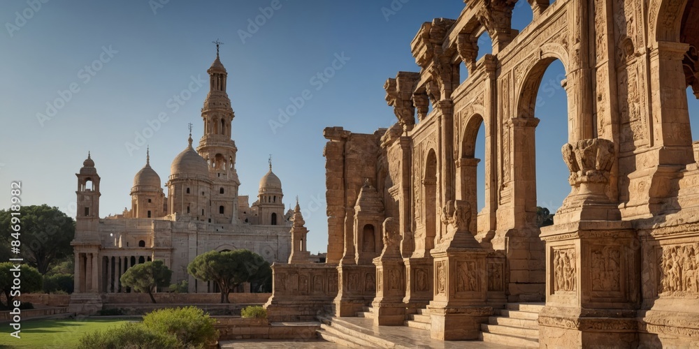 Naklejka premium Stunning view of an ancient cathedral complex with intricate sandstone arches and domes under a clear sky