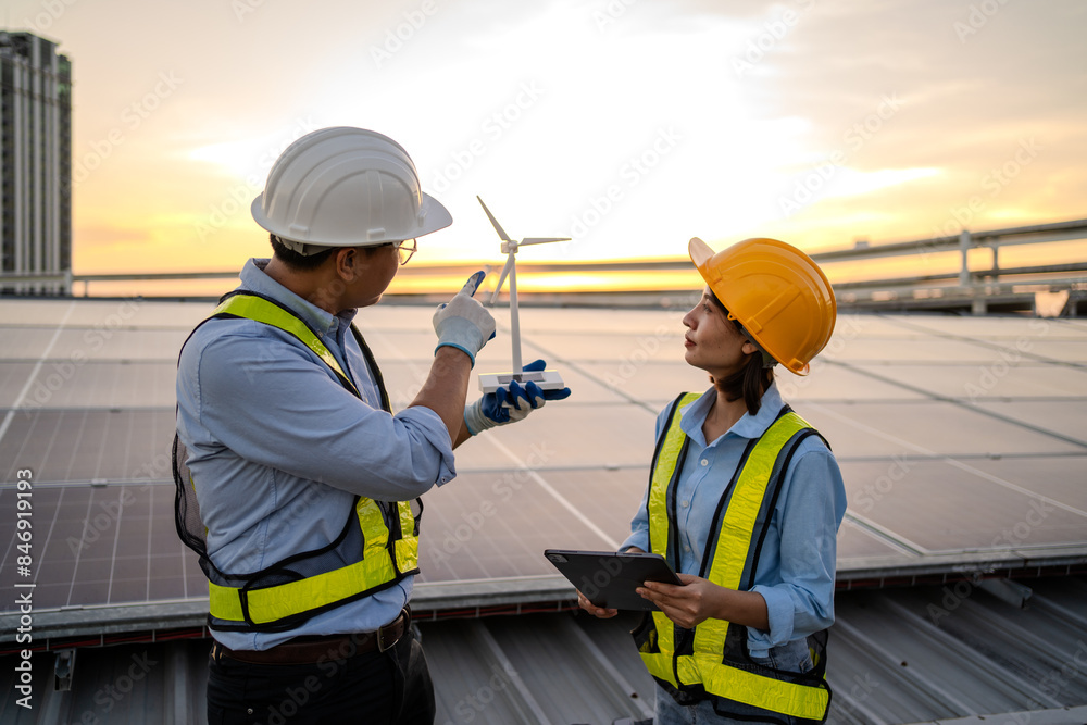 Two people are standing on a roof, one of them holding a tablet. They are wearing safety gear and seem to be discussing something Two people are standing on a roof, one of them holding a tablet. They are wearing safety gear and seem to be discussing something