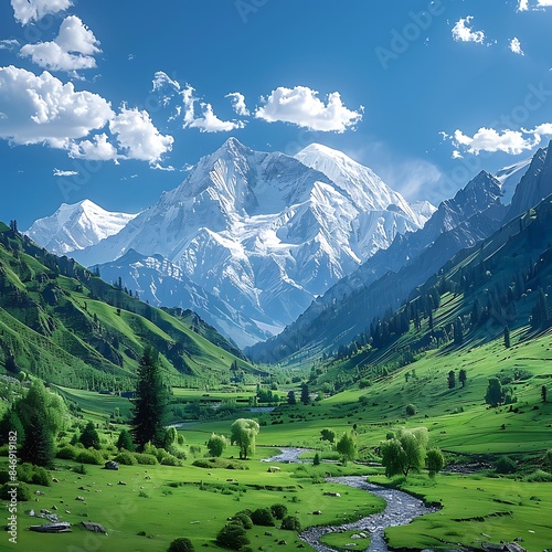 Snowy mountain peaks over lush green valley © AhmadTriwahyuutomo