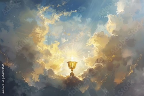heavenly eucharist scene with sacred chalice and host floating in cloudy sky digital painting of divine sacrament