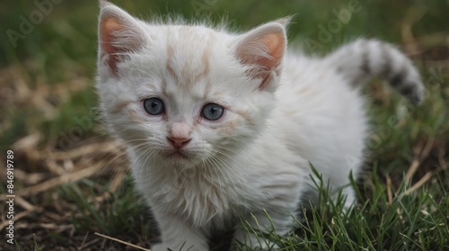 White Kitten Exploring the Green Outdoors