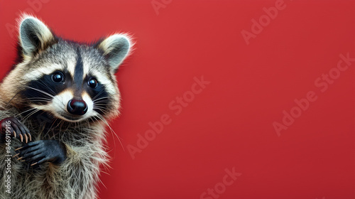 Curious raccoon peeking around a red corner.