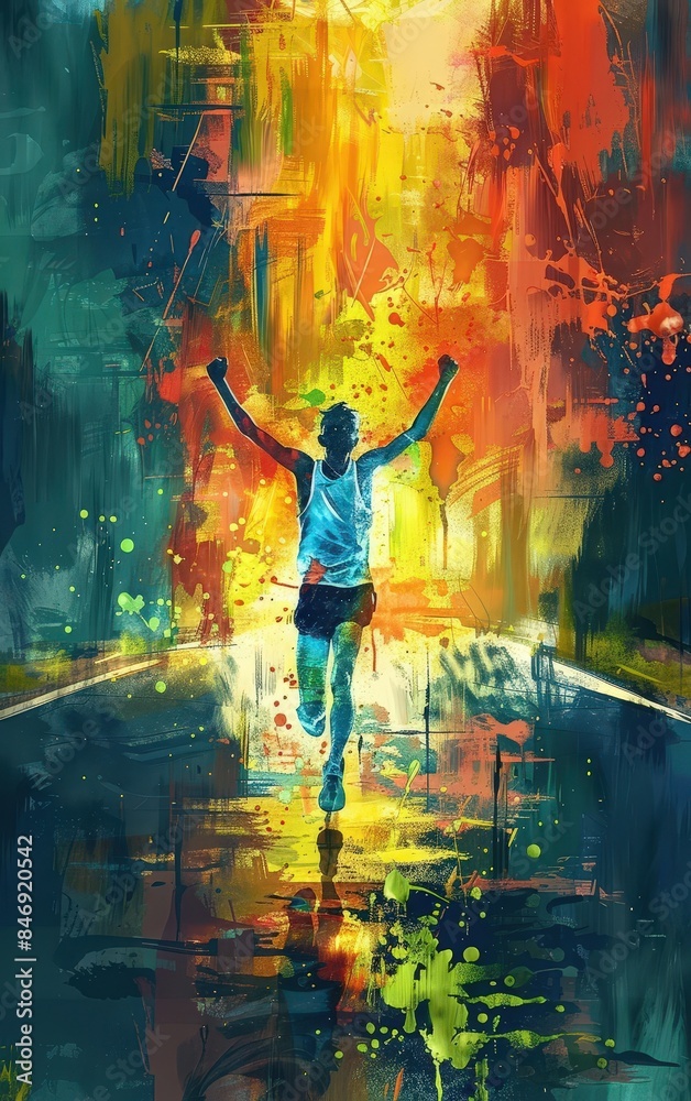 Fototapeta premium Illustration of a marathon runner crossing the finish line with arms raised in triumph, symbolizing perseverance and accomplishment
