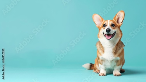 Happy corgi dog sitting on a blue background. © Virtual Art Studio