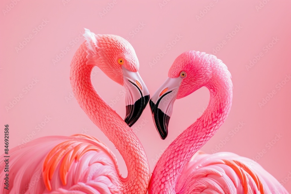 Naklejka premium Romantic flamingos forming heart shape on pink background for love, nature, travel, and beauty concept
