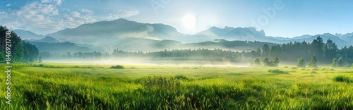 panoramic view of misty meadow in foreground  mountains and blue sky in background