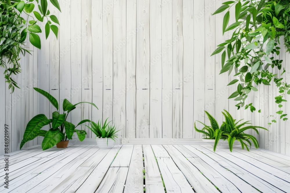 White wooden background with green plants, white wood banner design, white wooden floor