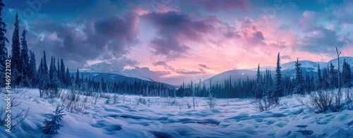 panoramic view of snowy landscape with forest and mountains in the background at sunset