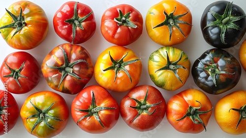 Studio shot of a group of colorful heirloom tomatoes on a white background, arranged in a visually appealing pattern to emphasize the freshness and organic nature of the produce photo