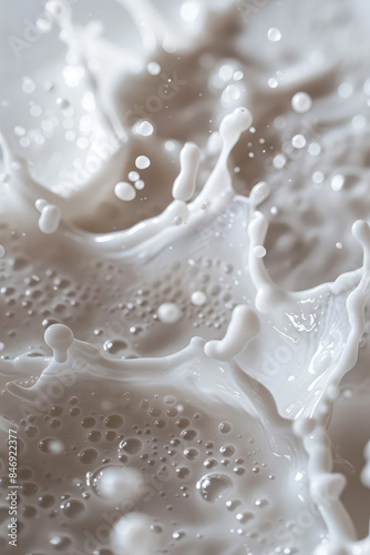 Texture close-up of white milk with splashes and droplets, yummy abstract background.