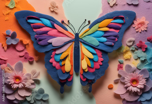 Felt art of a beautiful butterfly spreading its wings among the flowers.