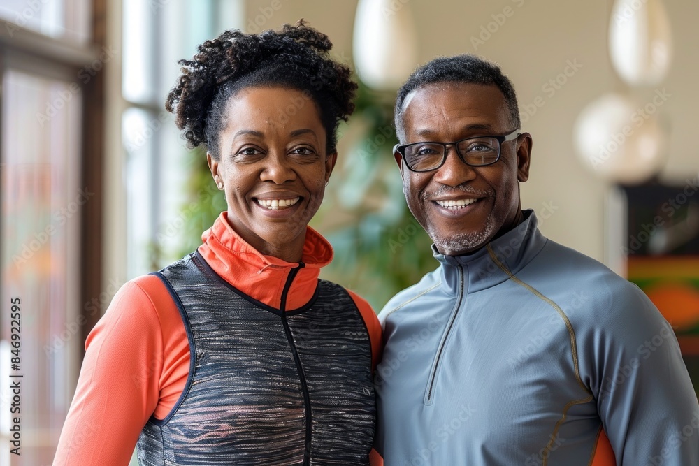 Portrait of a smiling afro-american couple in their 40s wearing a lightweight running vest in scandinavian-style interior background Portrait of a smiling afro-american couple in their 40s wearing a lightweight running vest in scandinavian-style interior background