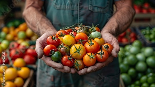 Close-up of a farmer's hands holding a handful of heirloom tomatoes, each one unique in color, size, and shape, against the backdrop of a sunlit greenhouse, highlighting the importance of preserving