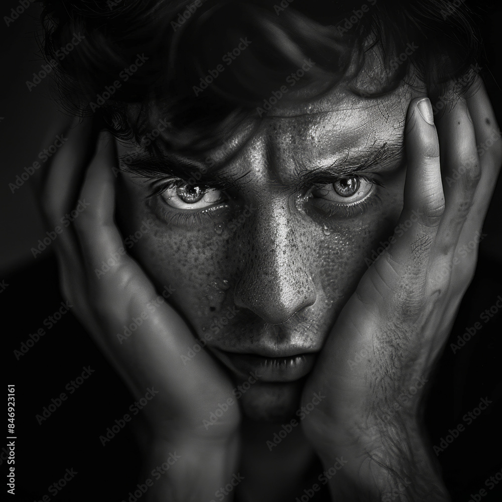 Fototapeta premium Black and White Portrait of a Sad Distressed Man Holding His Face Depression Mental Health 