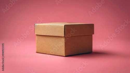 A brown cardboard box sits on a pink background