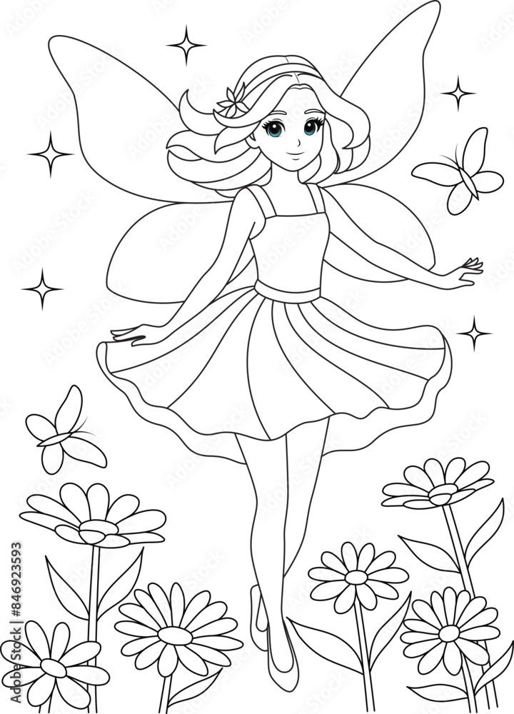 PrintCute kawaii fairy with sparkling wings flying isolatedon white background outline coloring page for kids