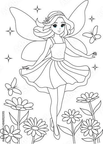 Obraz na płótnie PrintCute kawaii fairy with sparkling wings flying isolatedon white background outline coloring page for kids w salonie