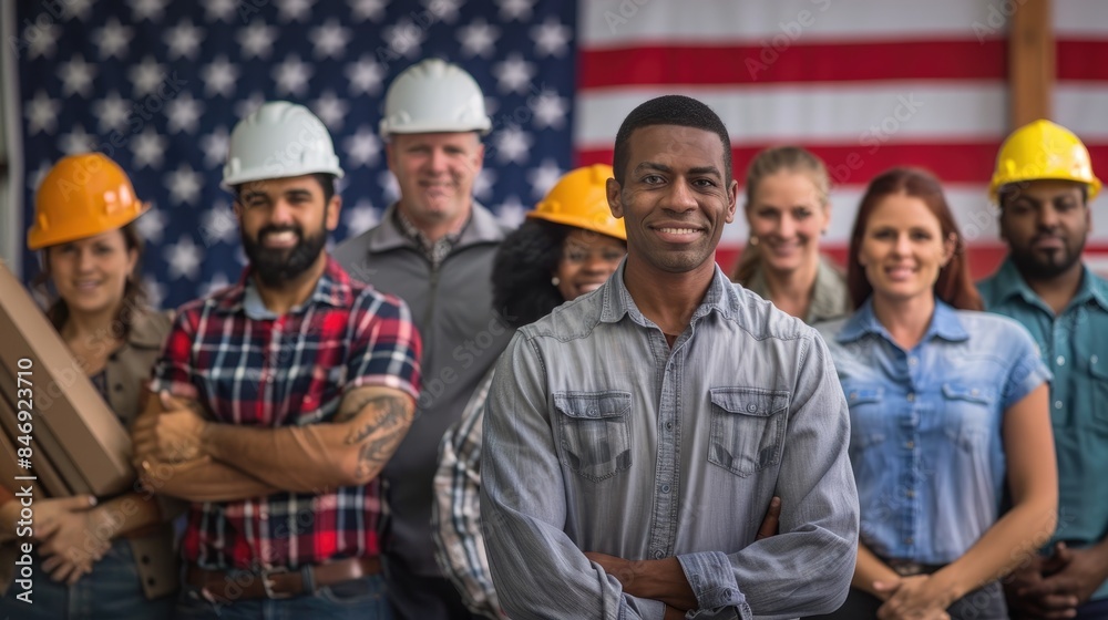 A group of diverse workers, representing various industries and professions, standing together with proud smiles