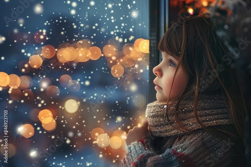 little girl gazing out window at christmas night waiting for santa claus © Jelena