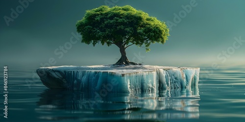 Futuristic Photorealistic Depiction of Tropical Tree and Iceberg with Forced Perspective. Concept Nature-Inspired Futuristic, Photorealistic, Tropical Tree, Iceberg, Forced Perspective