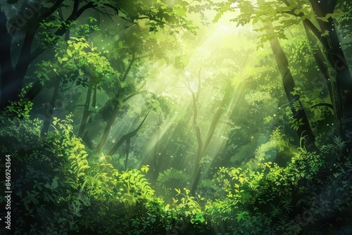 lush green forest with sunlight filtering through dense foliage nature background illustration