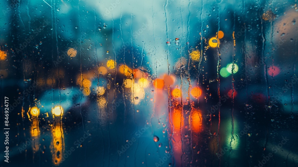 Car driving in the rain and storm abstract background City lights blurred on the glass windows. generate ai Car driving in the rain and storm abstract background City lights blurred on the glass windows. generate ai