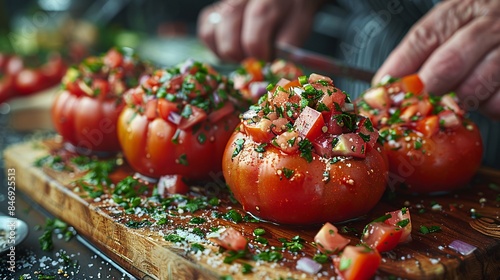 Close-up of a chef's hands meticulously stuffing tomatoes with a savory filling, with ingredients scattered on a wooden cutting board nearby, illustrating the artistry and craftsmanship of culinary photo