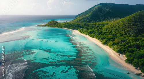 An aerial view of the pristine island, showcasing its white sandy beaches and turquoise waters.