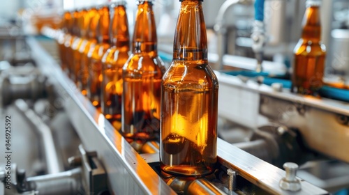 beer bottles on the conveyor belt in production line