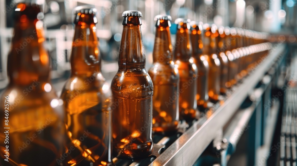 beer bottles on the conveyor belt in production line