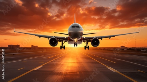 Airplane landing in golden sunset sky with a spacious area available for strategic text placement