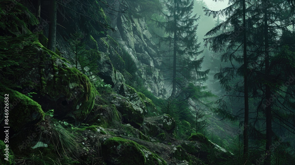 Obraz premium Landscape Forest. Wild Green Pine Trees and Moss-covered Boulder in Cliff Darkness