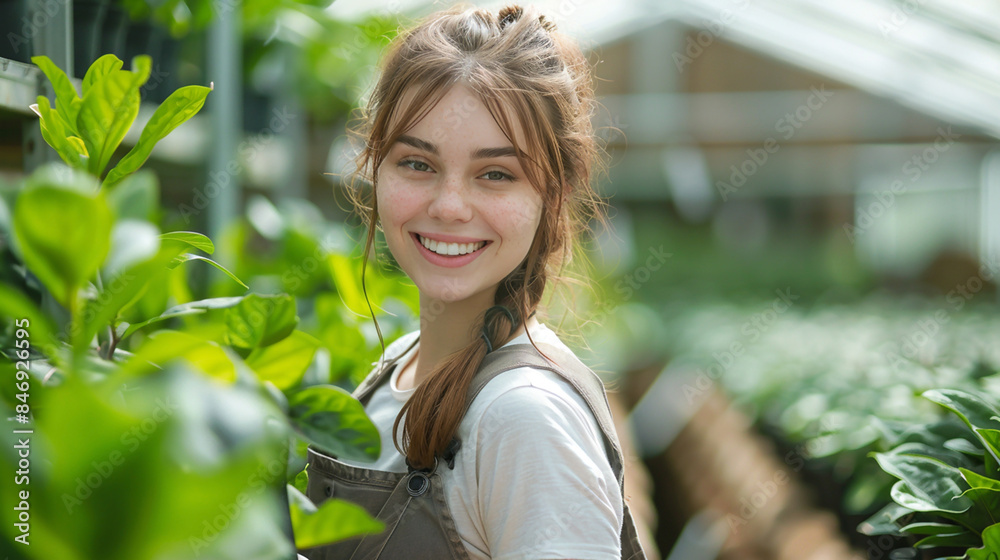 Wide banner image of cute happy farmer lady in front of a greenhouse with pretty smile Wide banner image of cute happy farmer lady in front of a greenhouse with pretty smile