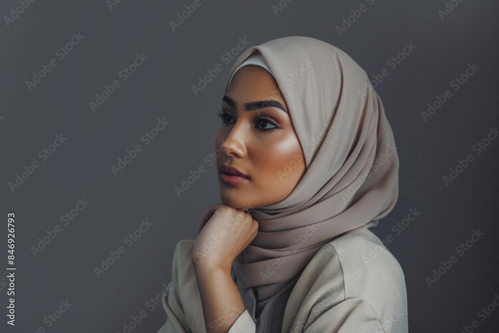 Portrait of a young Muslim woman wearing a beige hijab and thoughtful expression Portrait of a young Muslim woman wearing a beige hijab and thoughtful expression