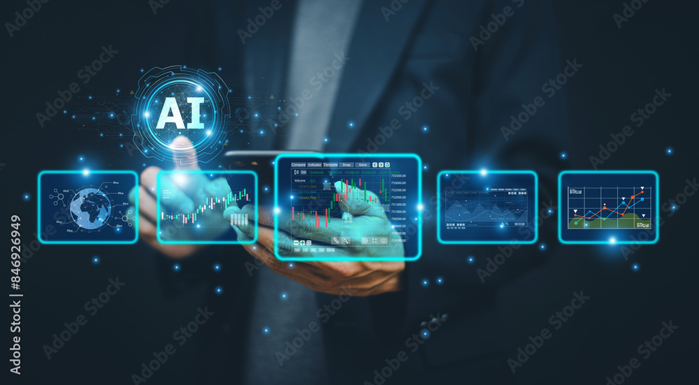 Businessman using ai artificial intelligence analysis for trend trading stock market investment.