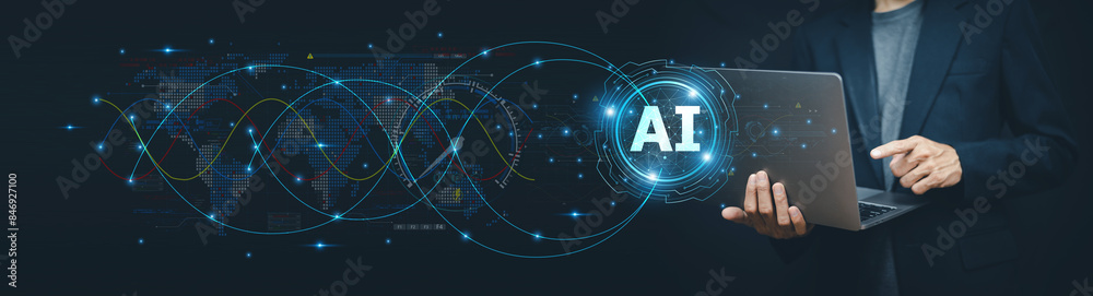 Businessman using ai artificial intelligence management in logistic system support human work and reduce time to work in process.AI assitant planing to import export for business.