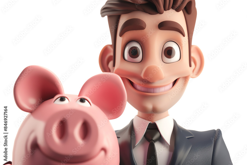A man is holding a pink piggy bank and smiling. Concept of happiness and playfulness, isolated on a transparent background. A man is holding a pink piggy bank and smiling. Concept of happiness and playfulness, isolated on a transparent background.