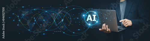 Obraz na płótnie Businessman using ai artificial intelligence management in logistic system support human work and reduce time to work in process.AI assitant planing to import export for business. w salonie