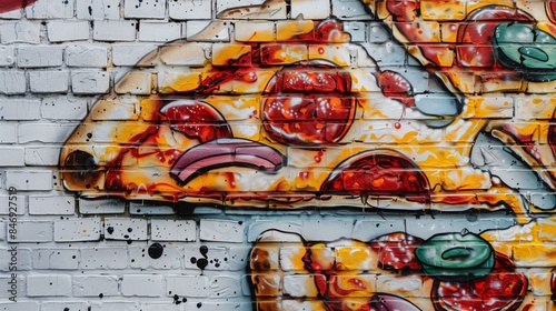 A close-up of graffiti depicting a mouthwatering pizza on a white brick wall