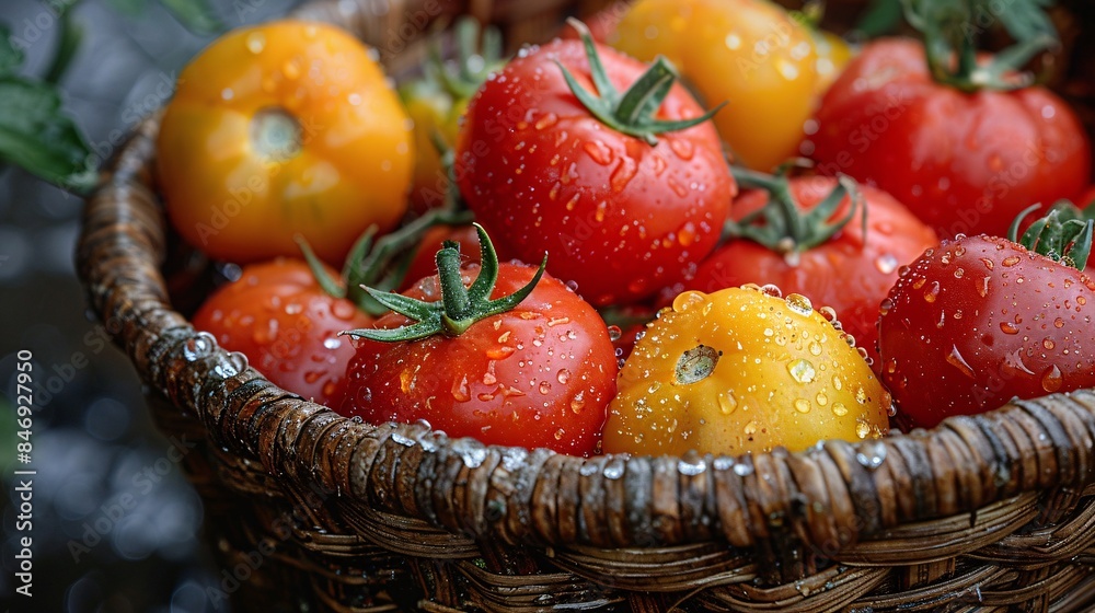 Close-up of tomatoes of various shapes and sizes arranged in a wicker basket, with droplets of water glistening on their smooth skins, evoking freshness and hydration during British Tomato Fortnight Close-up of tomatoes of various shapes and sizes arranged in a wicker basket, with droplets of water glistening on their smooth skins, evoking freshness and hydration during British Tomato Fortnight