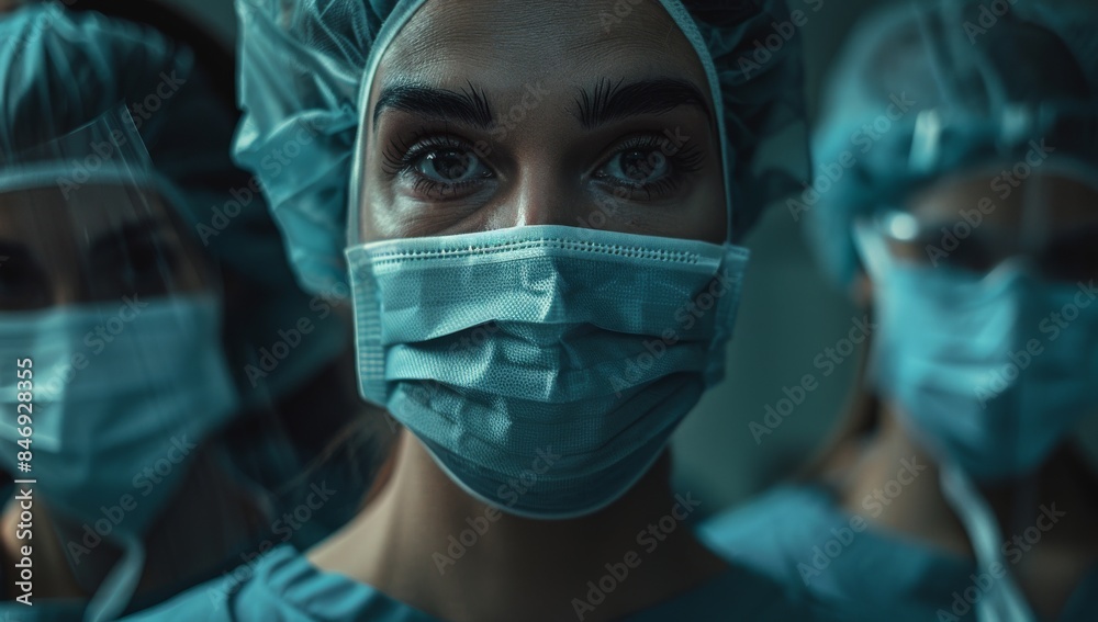 Young doctors and nurses wearing masks stand in the operating room, looking towards the camera in a closeup shot with a dark cinematic tone Young doctors and nurses wearing masks stand in the operating room, looking towards the camera in a closeup shot with a dark cinematic tone