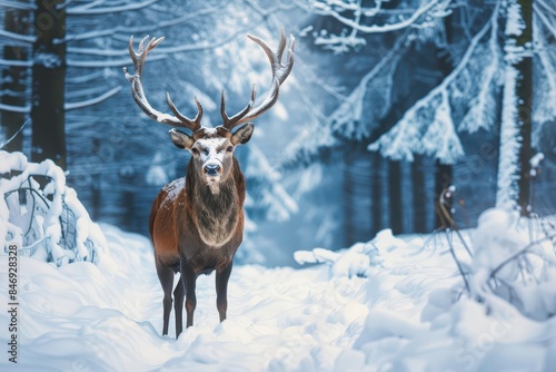 majestic deer standing tall in winter wonderland snowy forest landscape noble wildlife scene