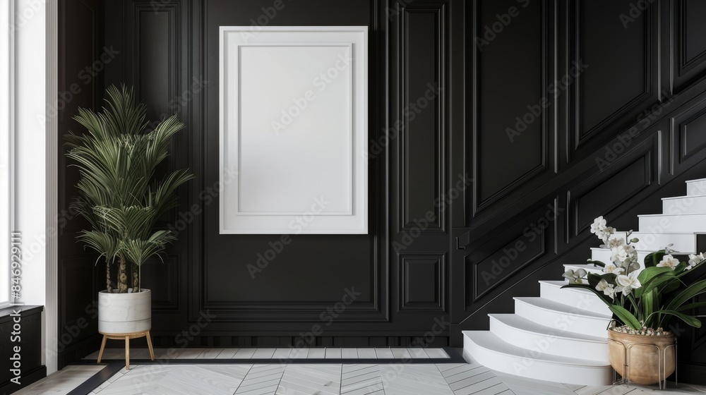 Elegant interior with a blank picture frame, black walls, lush potted plants, and a white staircase, bathed in natural light from large windows. Elegant interior with a blank picture frame, black walls, lush potted plants, and a white staircase, bathed in natural light from large windows.