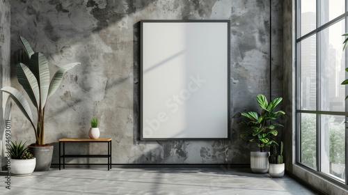 Modern interior with blank poster frame, plants, and large windows against a gray textured wall. Contemporary home decor and design. photo