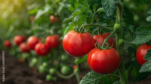 Close-up of tomatoes on the vine, with a focus on their rich red color and lush green leaves, perfect for promoting British Tomato Fortnight festivals
