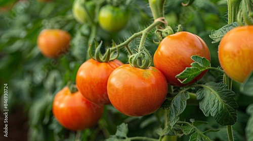Outdoor scene of a tomato plant in full bloom, with ripe tomatoes ready for harvest, highlighting the natural and organic aspect of British Tomato Fortnight festivals