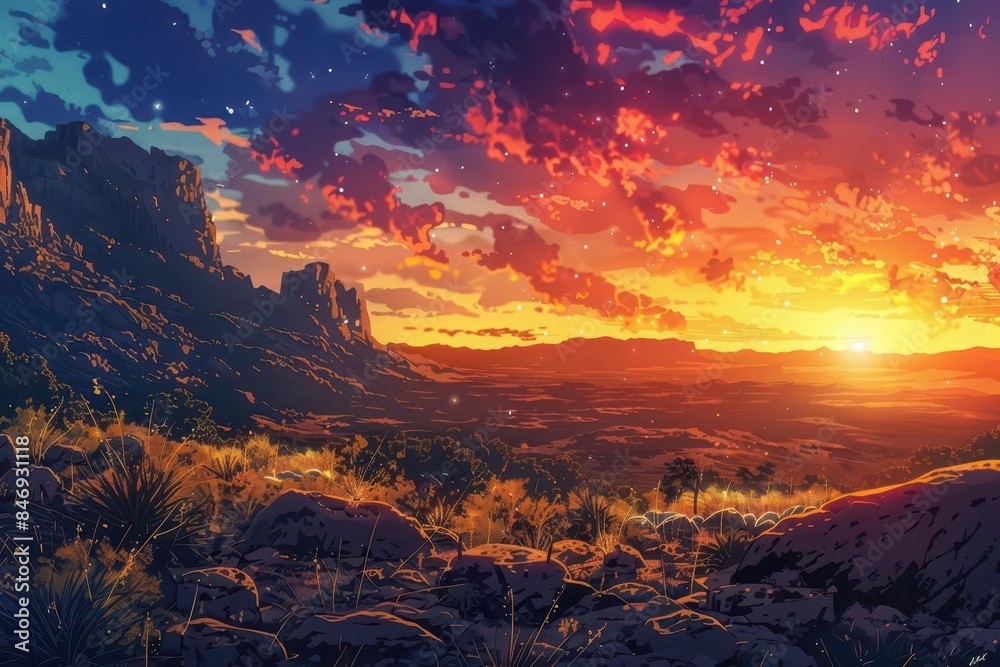 Naklejka premium mesmerizing anime sunrise vibrant rocky desert landscape bathed in warm golden light atmospheric yule scenery illustration